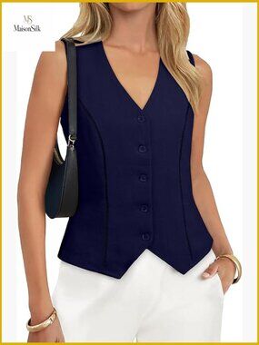 Slim Fit Linen Vest Top Sleeveless Button Down Waistcoat Office Casual
